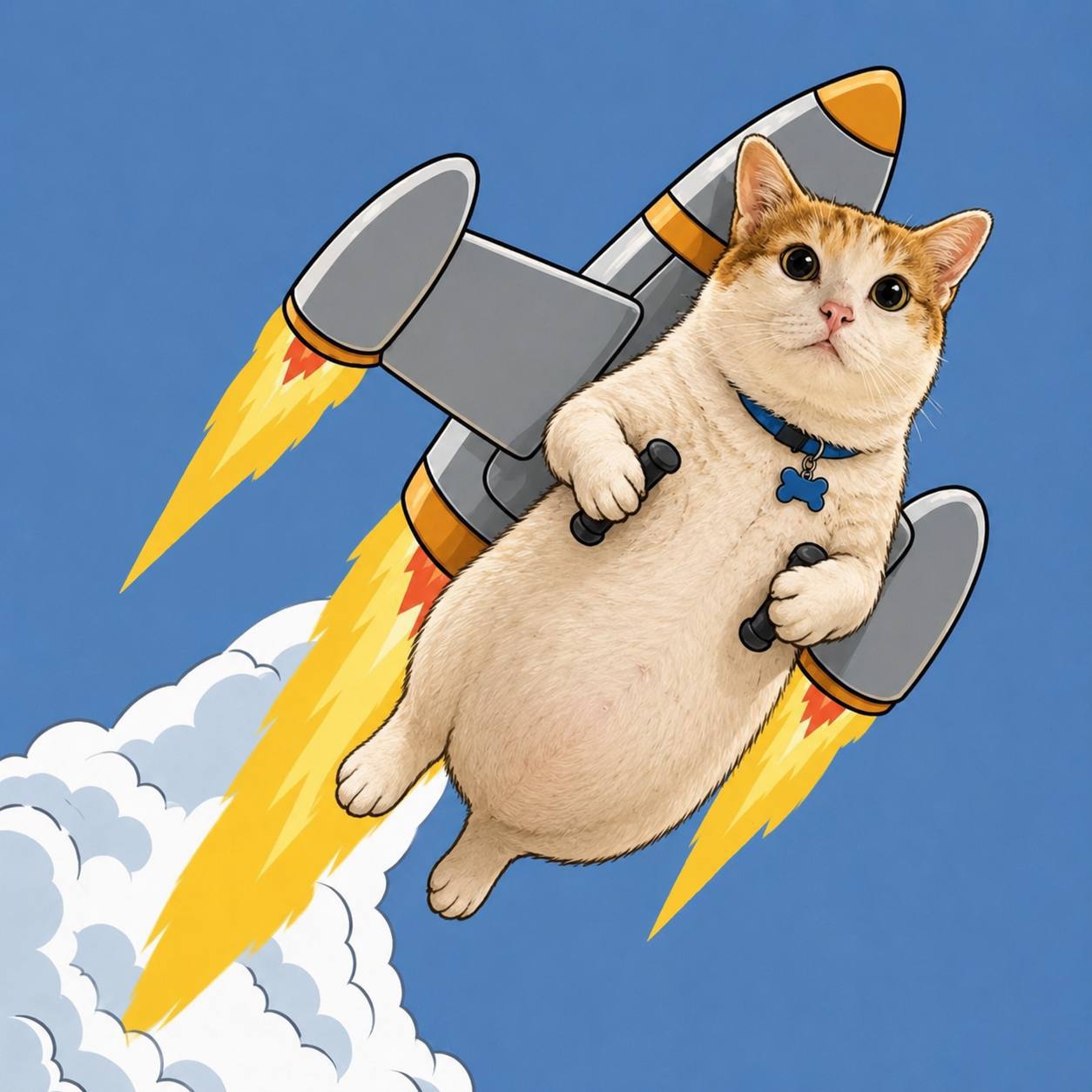 Art of Móm riding a rocket through a blue sky