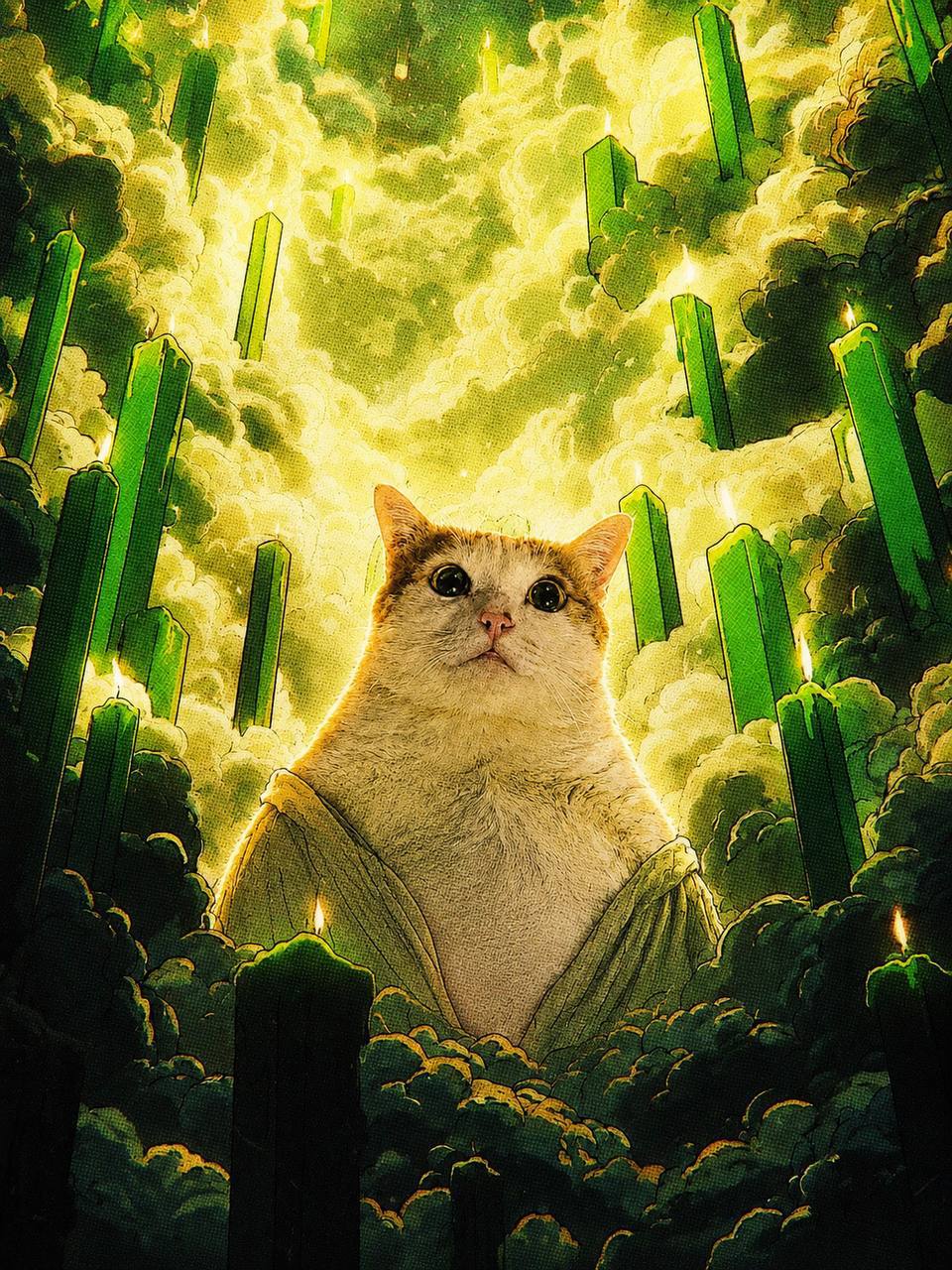 Artwork of Móm ascending through green candlestick pillars into golden clouds